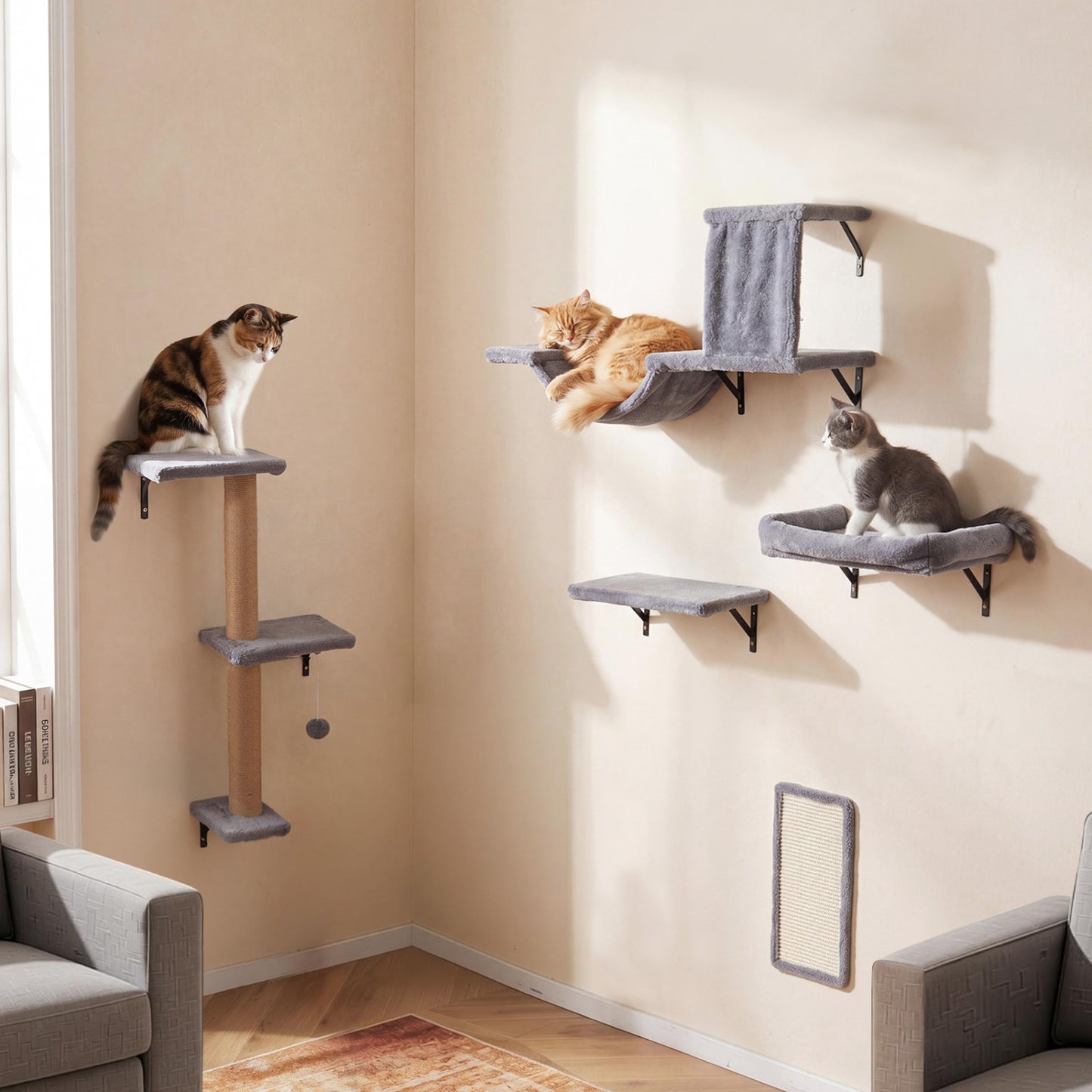 Wall Mounted Cat Furniture Set with Condo, Perch & Scratching Post