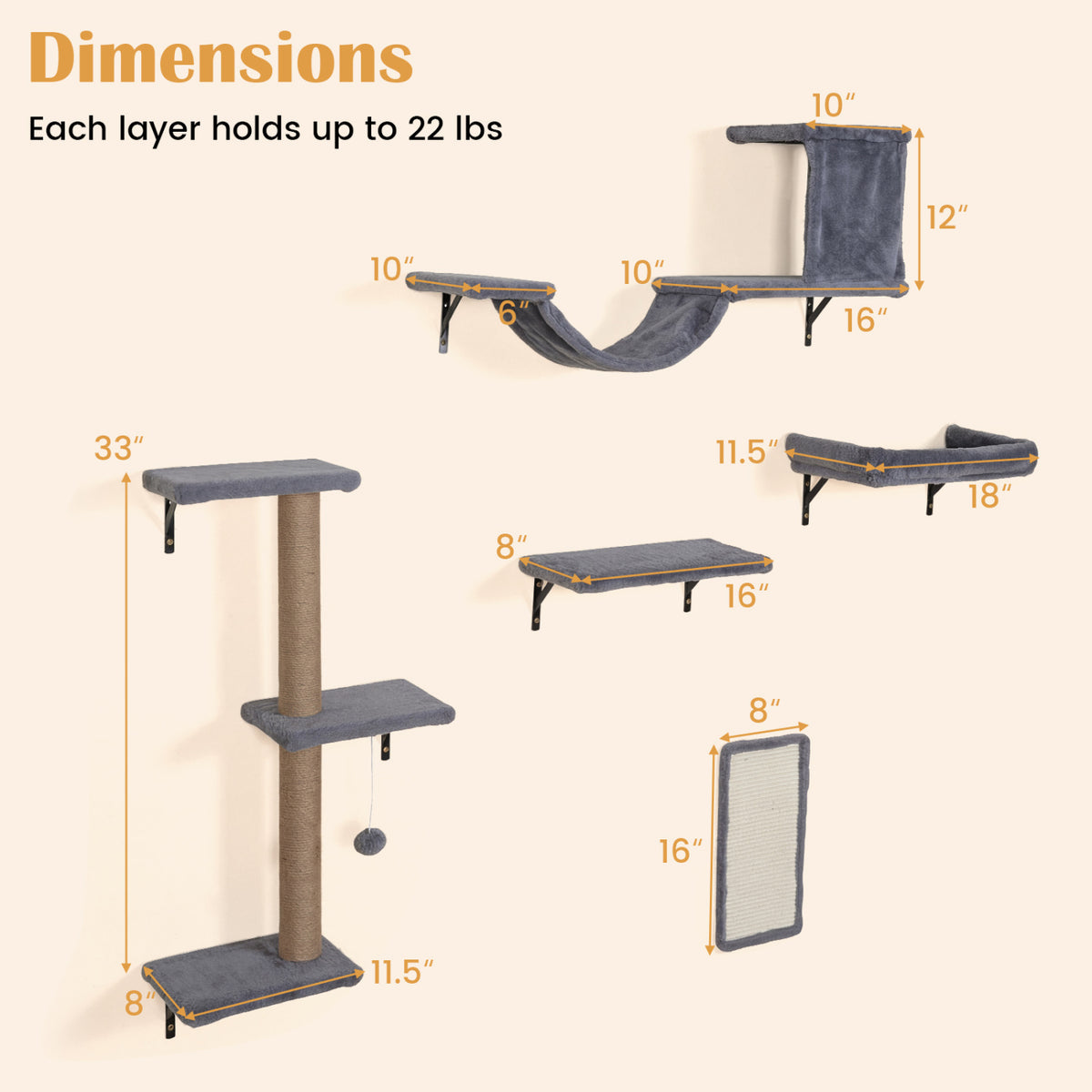Wall Mounted Cat Furniture Set with Condo, Perch & Scratching Post