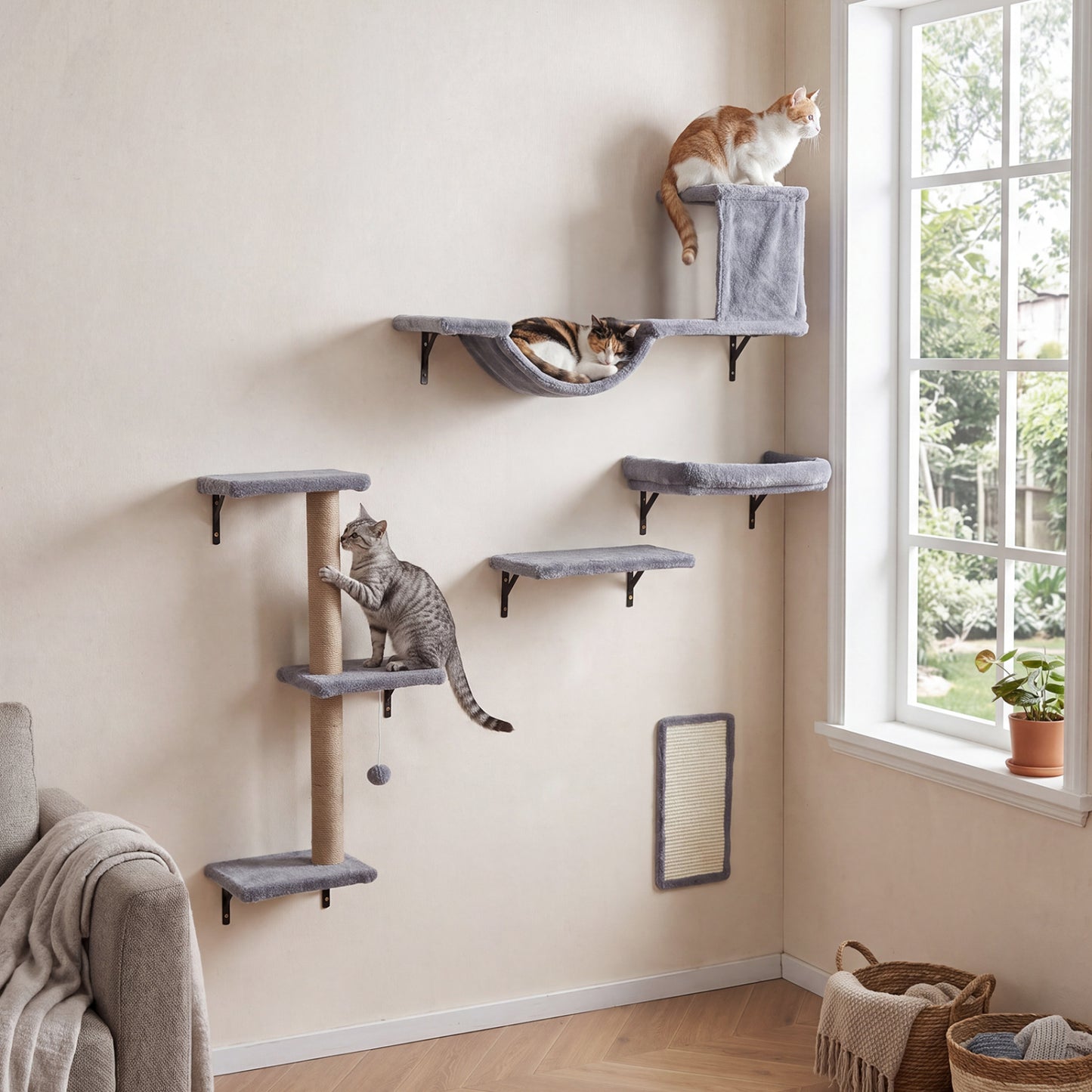 Wall Mounted Cat Furniture Set with Condo, Perch & Scratching Post