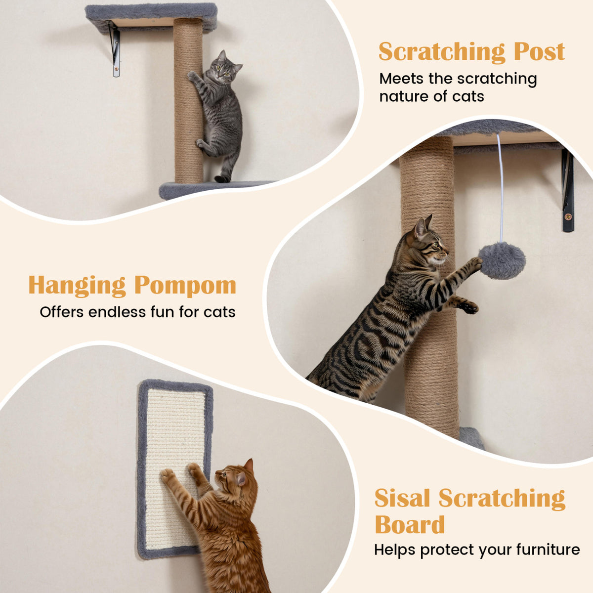 Wall Mounted Cat Furniture Set with Condo, Perch & Scratching Post