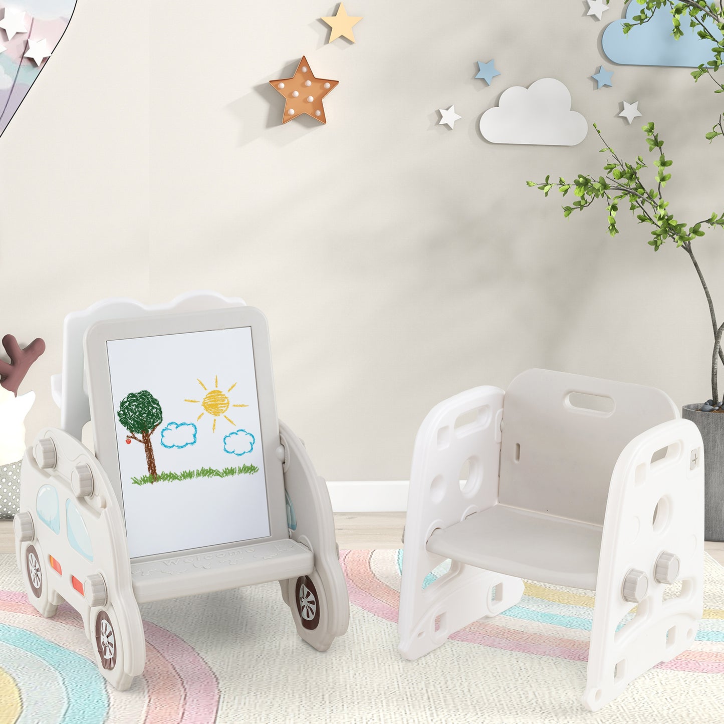 5 in 1 Convertible Toddler Slide Set Kids Art Easel with Stool and Book Rack-Gray