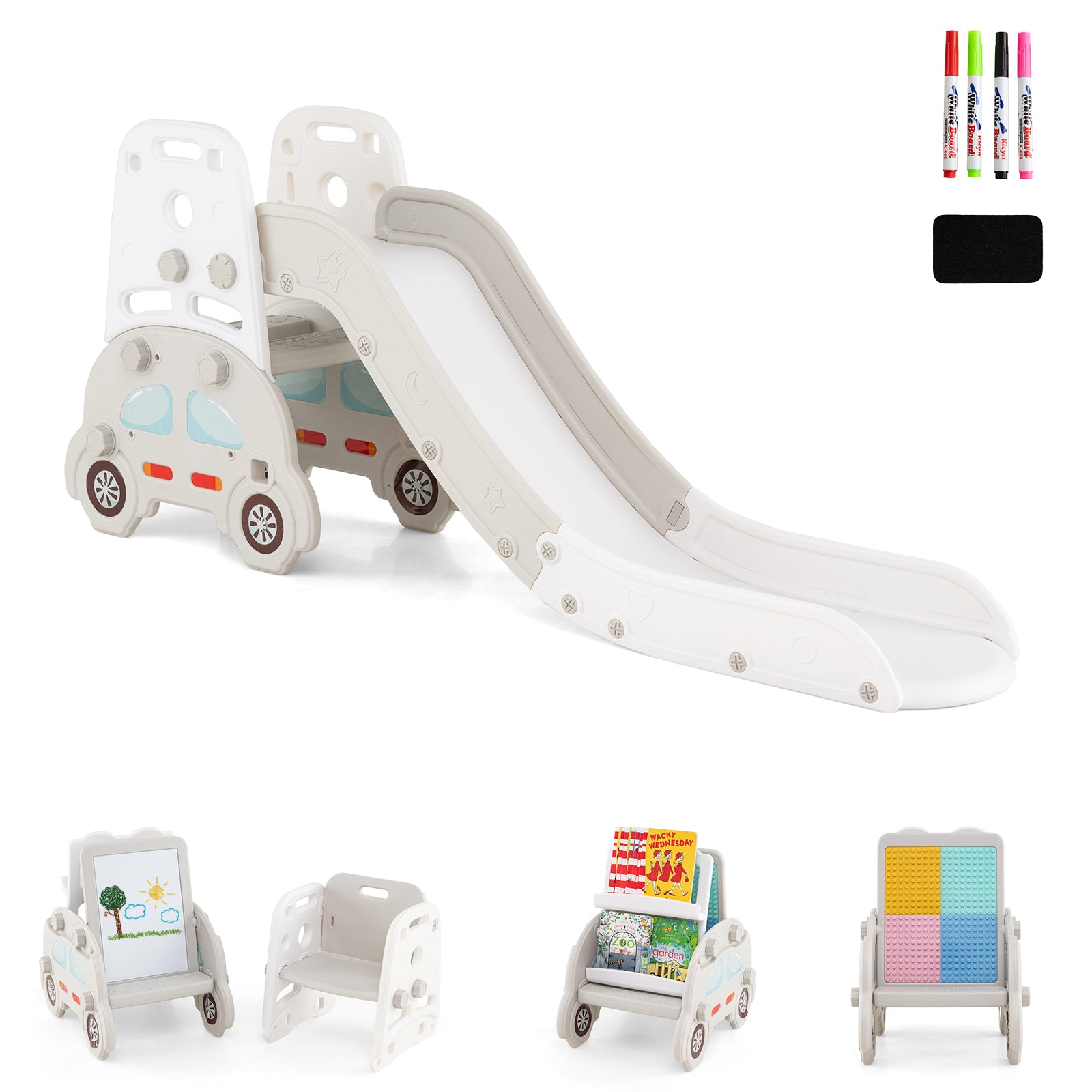 5 in 1 Convertible Toddler Slide Set Kids Art Easel with Stool and Book Rack-Gray