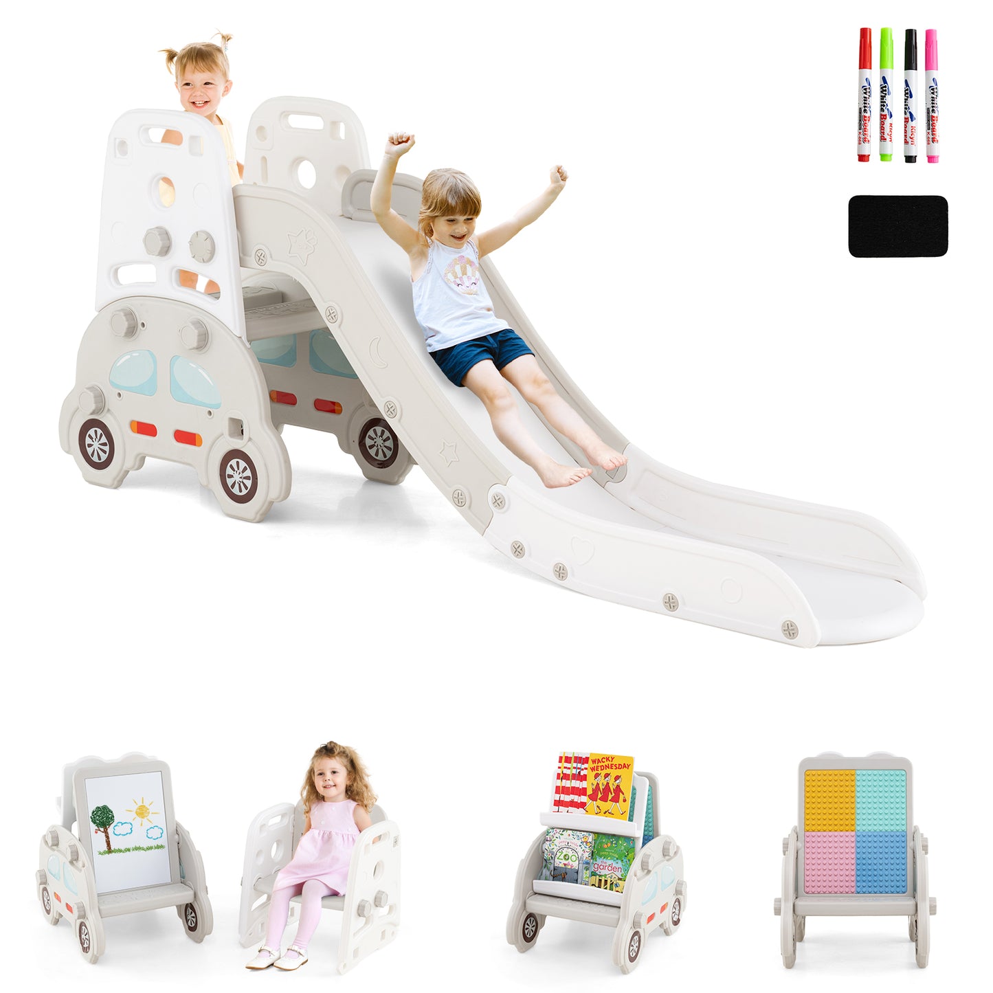 5 in 1 Convertible Toddler Slide Set Kids Art Easel with Stool and Book Rack-Gray