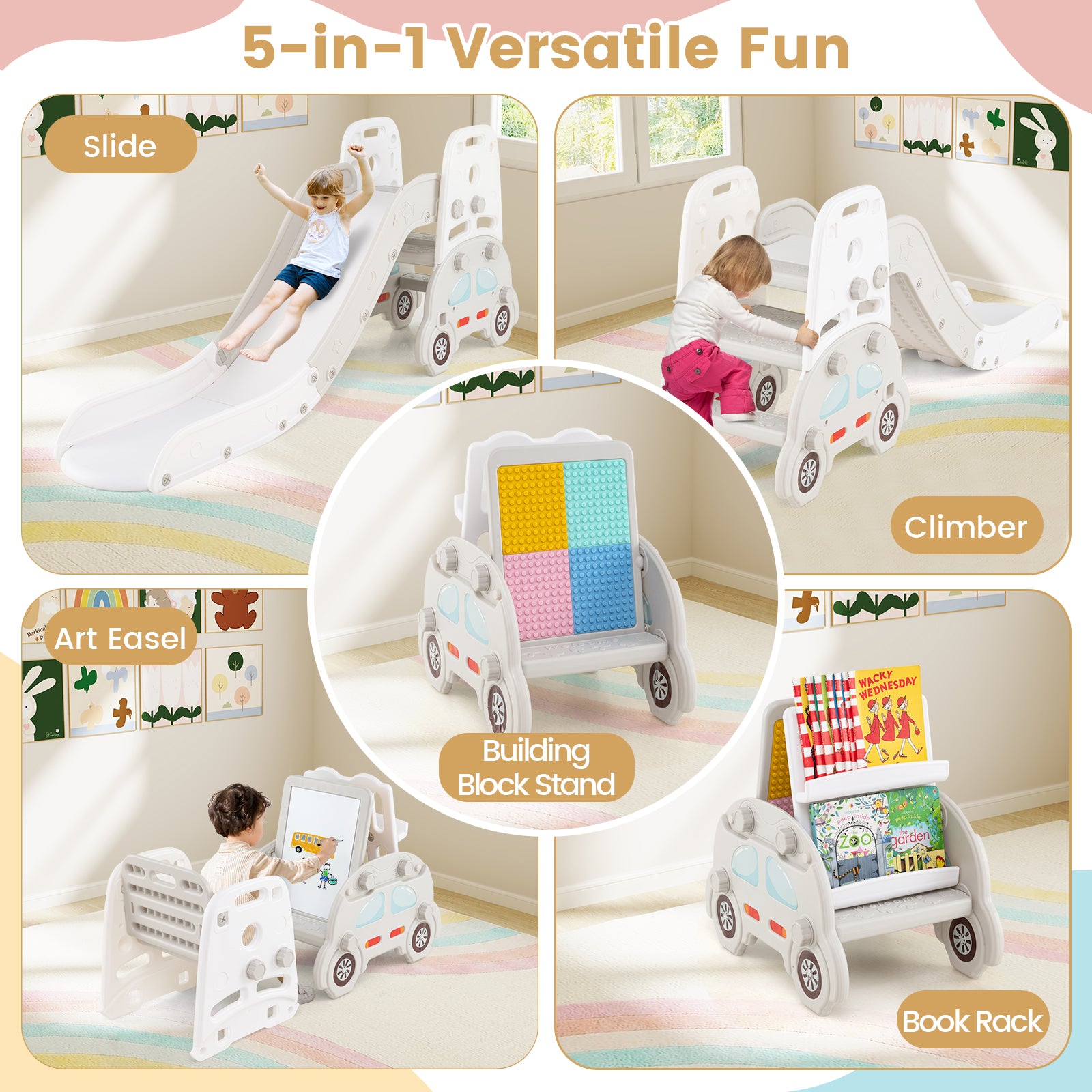 5 in 1 Convertible Toddler Slide Set Kids Art Easel with Stool and Book Rack-Gray