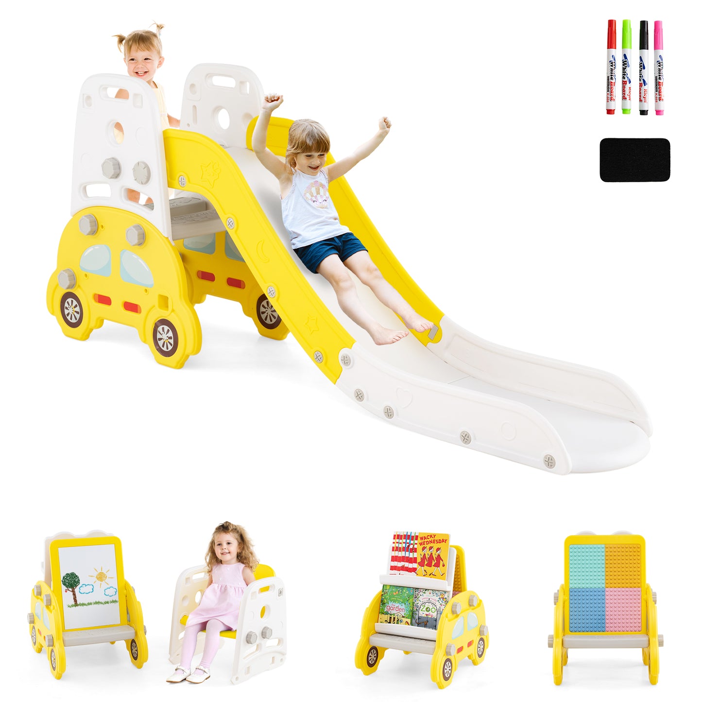 5 in 1 Convertible Toddler Slide Set Kids Art Easel with Stool and Book Rack-Yellow