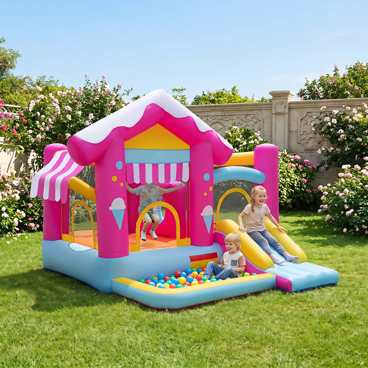 5-in-1 Inflatable Bounce House with Slide and Ball Pit