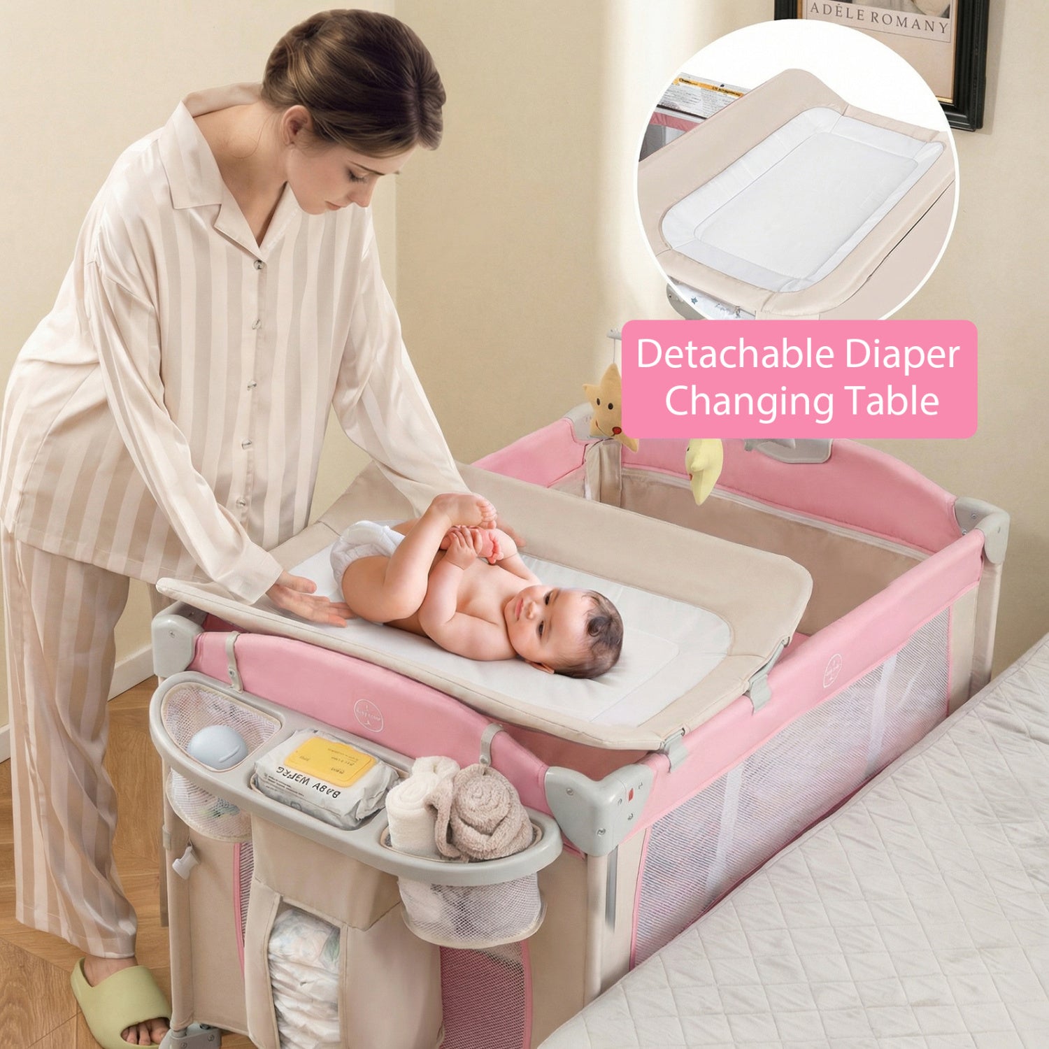 5-in-1 Portable Pack and Play with Diaper Changing Table - Pink