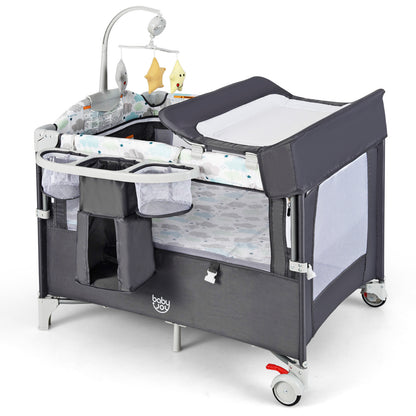 5-in-1 Portable Pack and Play with Diaper Changing Table - Gray