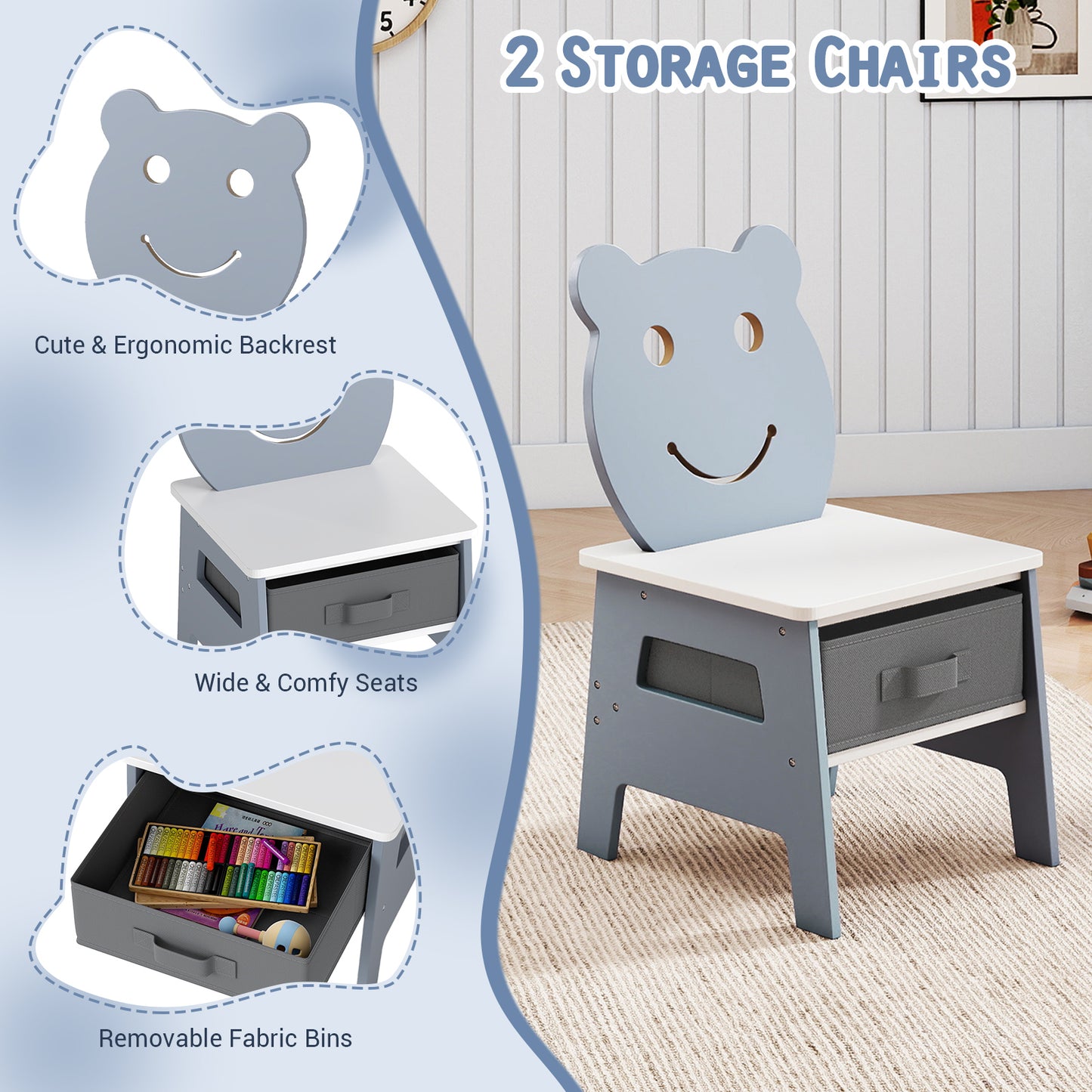 5-in-1 Toddler Table and 2 Chairs Cute Art Desk Set with Reversible Chalkboard Whiteboard-Grey