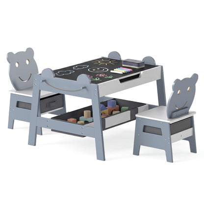 5-in-1 Toddler Table and 2 Chairs Cute Art Desk Set with Reversible Chalkboard Whiteboard-Grey