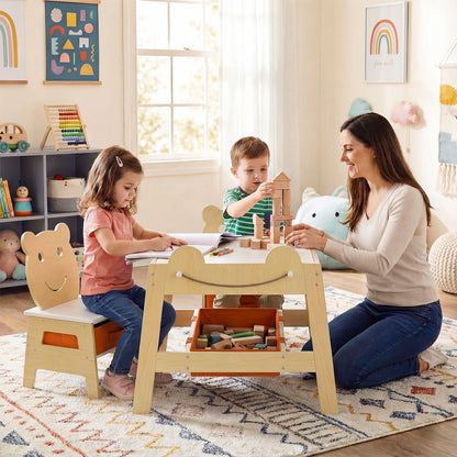 5-in-1 Toddler Table and 2 Chairs Cute Art Desk Set with Reversible Chalkboard Whiteboard-Natural