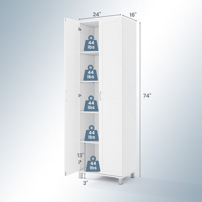 73.5 Inch Freestanding Double Door Tall Versatile Storage Organizer-White