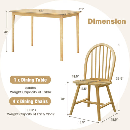 5 Pieces Wooden Dining Table Set with 4 Windsor Chairs