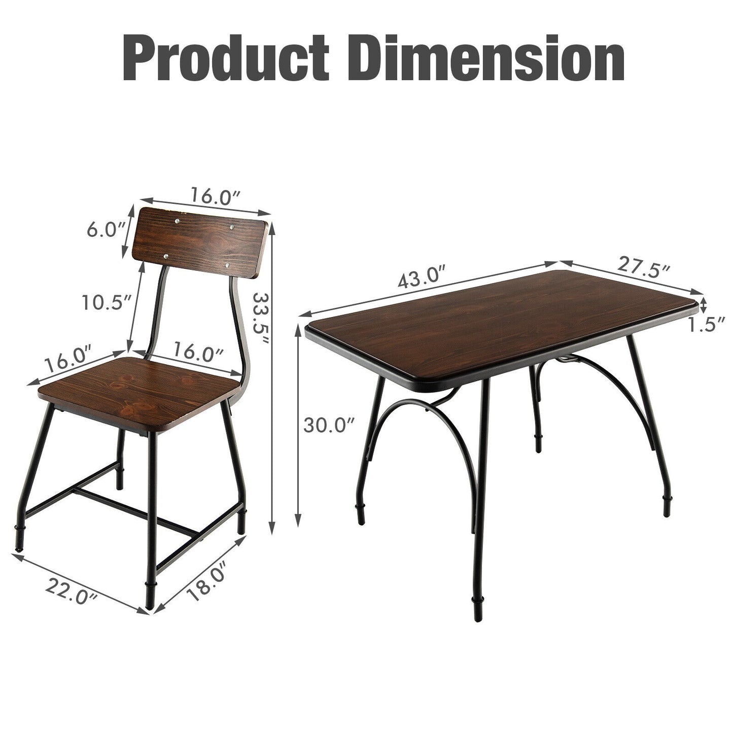5 Piece Rectangular Dining Table Set with Metal Frame
