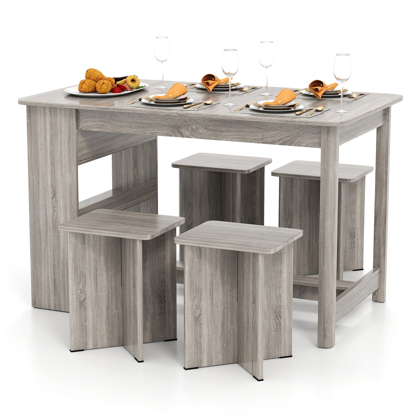 5 Pieces Dining Table Set with Storage Shelf and 4 Stools-Gray - Gray