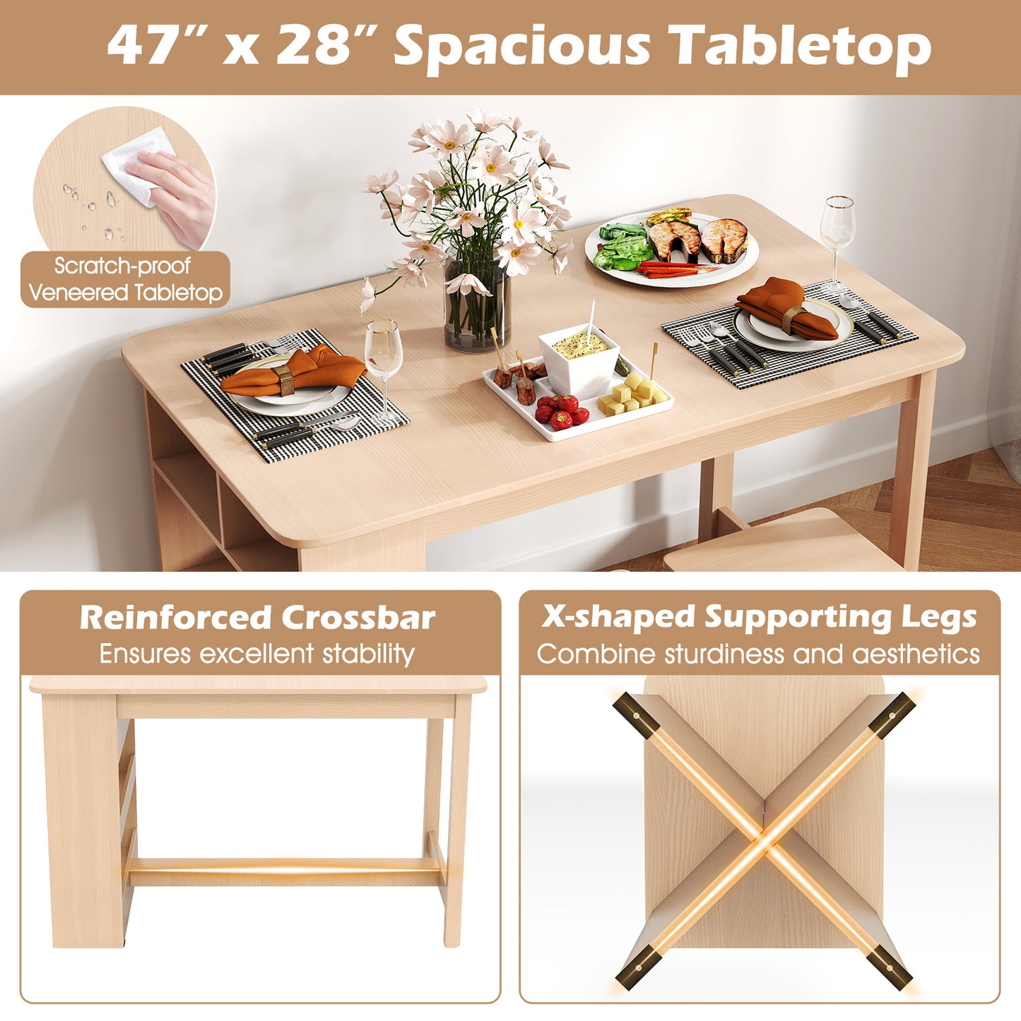 5 Pieces Dining Table Set with Storage Shelf and 4 Stools