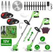 24V 300W Cordless Grass Trimmer Rechargeable Lawn Mower 18000M/Min Weed Cutter with Saw Blade 2 Stainless Steel Blades 10 Plastic Blades 2 Rechargeabl