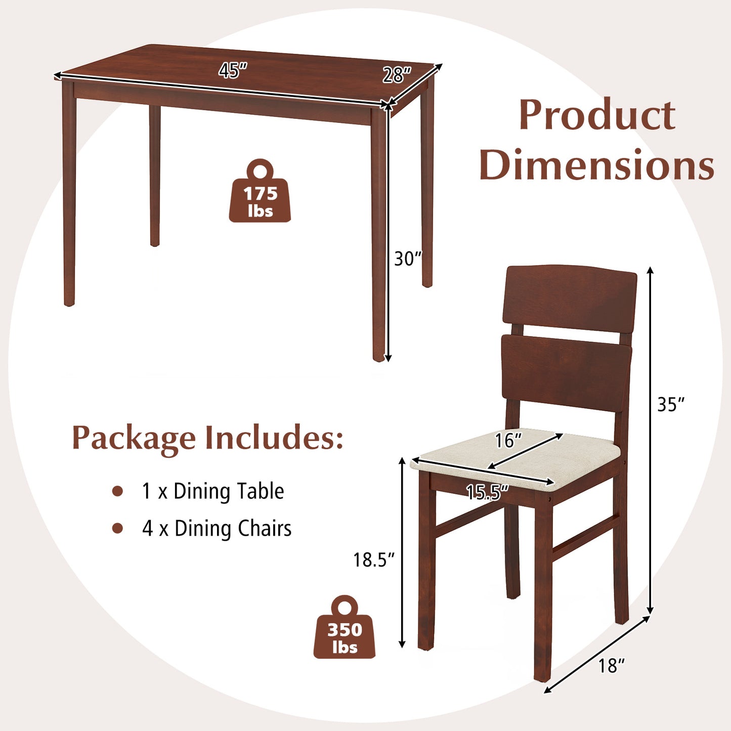 5-Piece Dining Table Set with High Curved Back for 4 People-Walnut