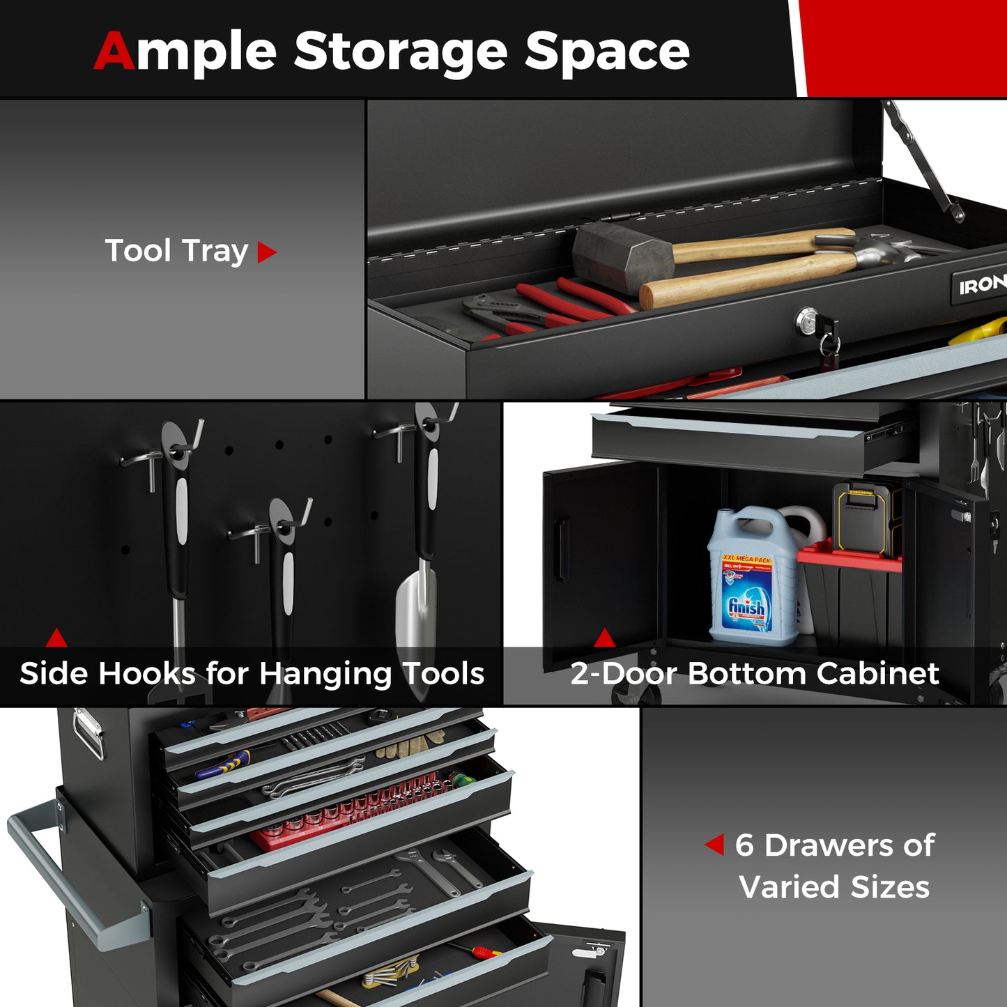 6-Drawer Rolling Tool Storage Chest Cabinet with Universal Wheels and Hooks