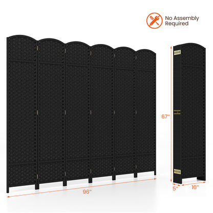 6-Panel Room Divider 5.6 FT Tall Folding Privacy Screen with Hand-woven Texture-Black