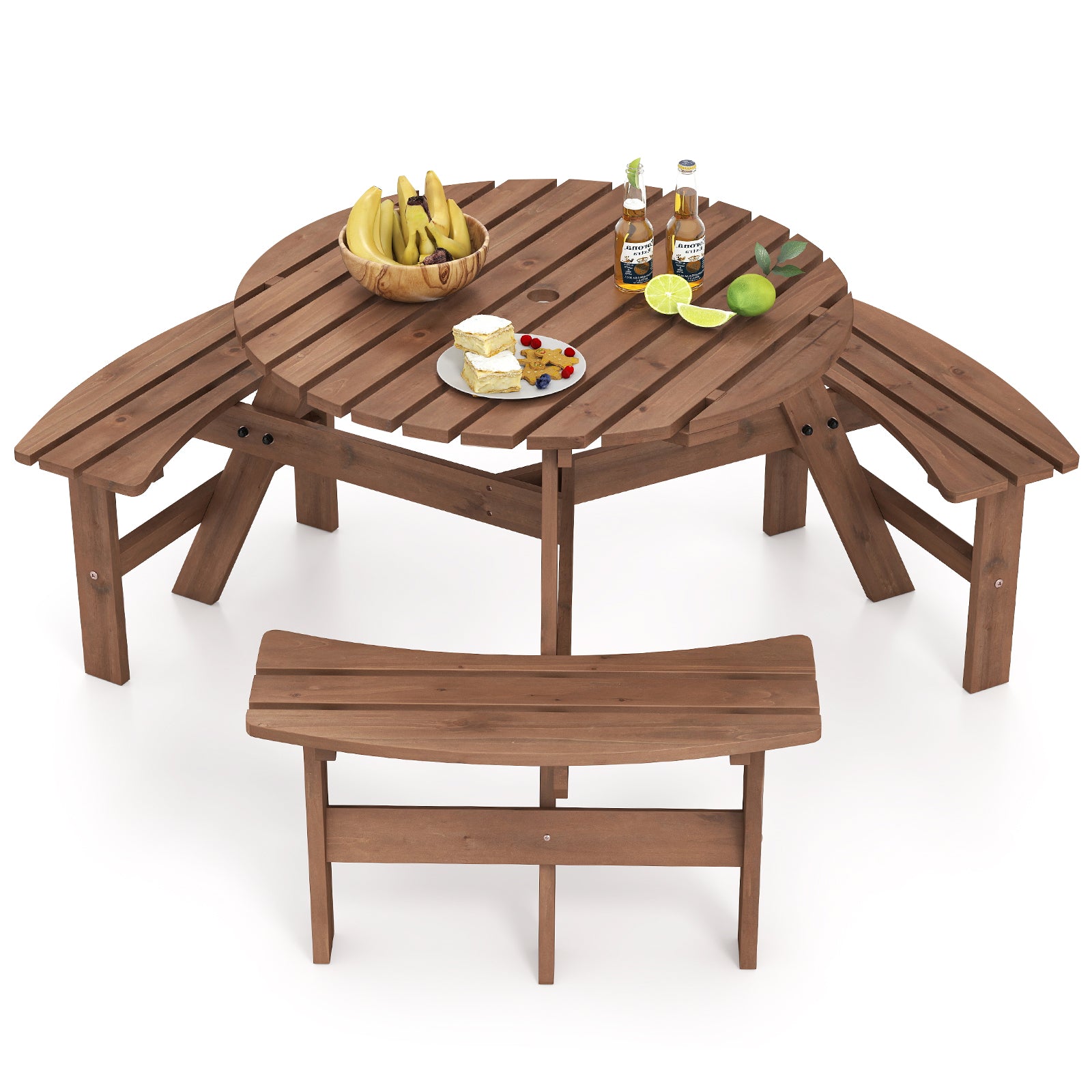 6-Person Round Picnic Table Set with 3 Built-in Benches and Umbrella Hole-Yellow - Brown