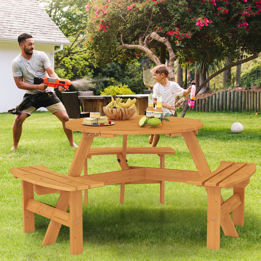 6-Person Round Picnic Table Set with 3 Built-in Benches and Umbrella Hole