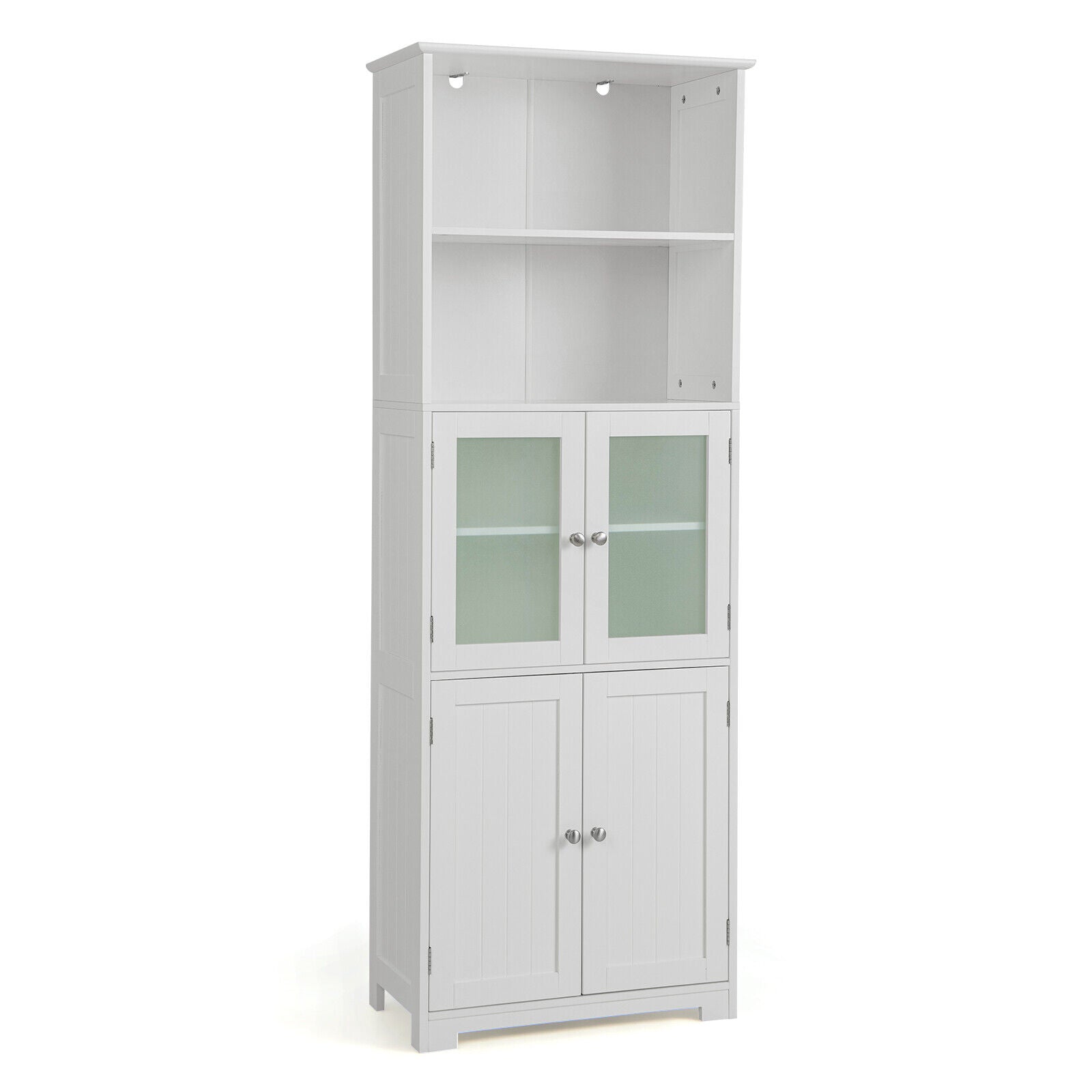 6-Tier Freestanding Bathroom Cabinet with 2 Open Compartments and Adjustable Shelves-Gray - White