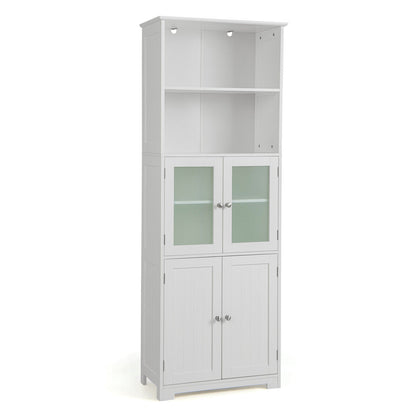 6-Tier Freestanding Bathroom Cabinet with 2 Open Compartments and Adjustable Shelves-Gray - White