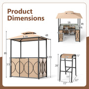 6.5 x 4 x 8 FT Grill Gazebo Set with 2 Bar Stools and Bar Table-Brown