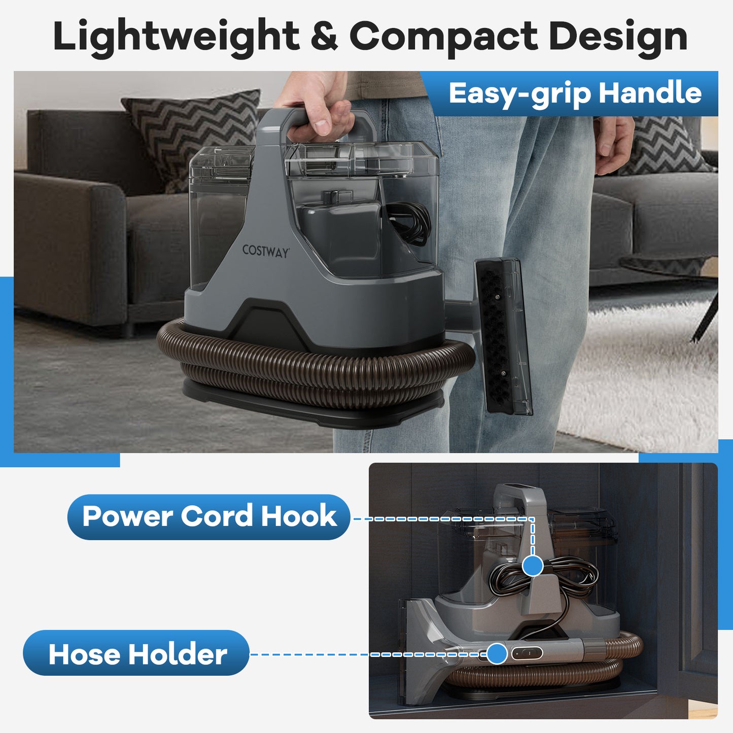 600W Upholstery Cleaner Machine with 15Kpa Powerful Suction and Versatile Attachments-Gray