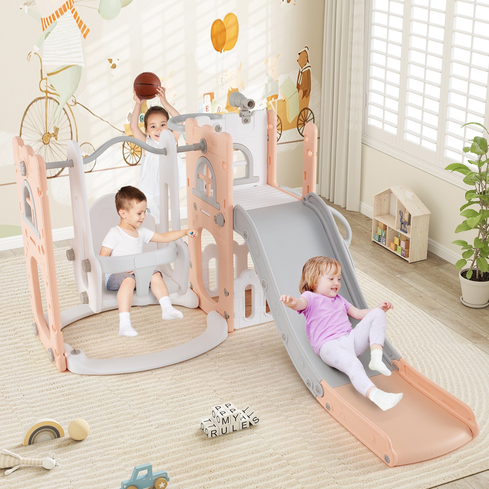 7-in-1 Toddler Swing and Slide Set L-shaped with Ladder and Basketball Hoop-Pink