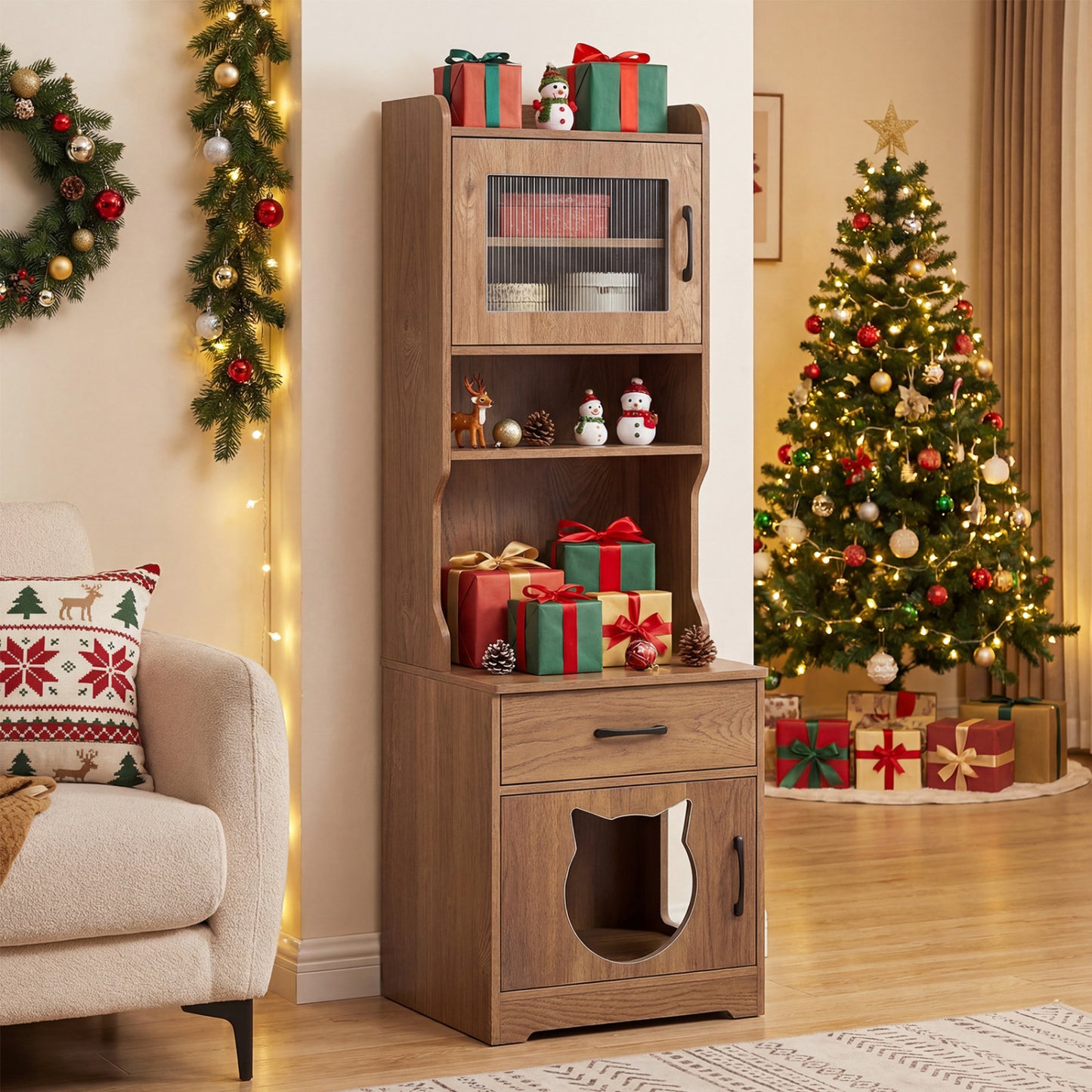 Cat Litter Box Enclosure with LED Light & Charging Station