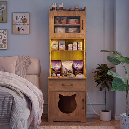Cat Litter Box Enclosure with LED Light & Charging Station