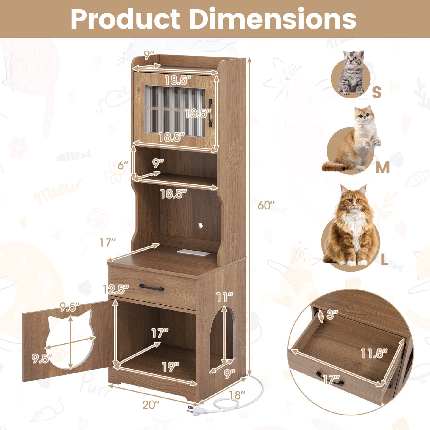 Cat Litter Box Enclosure with LED Light & Charging Station