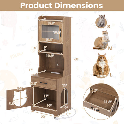 Cat Litter Box Enclosure with LED Light & Charging Station