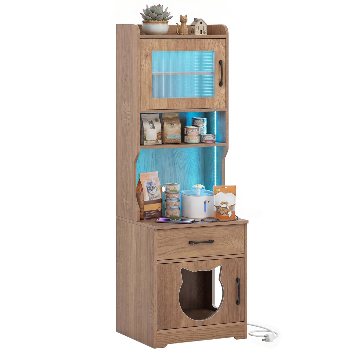 Cat Litter Box Enclosure with LED Light & Charging Station