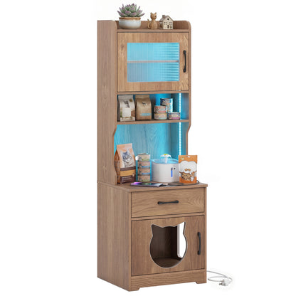 Cat Litter Box Enclosure with LED Light & Charging Station