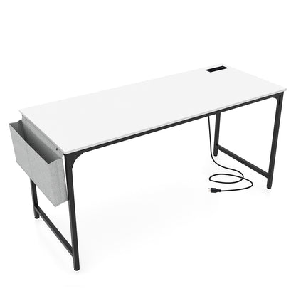 60 Inch Computer Desk with Charging Station Storage Bag-Rustic Brown - White