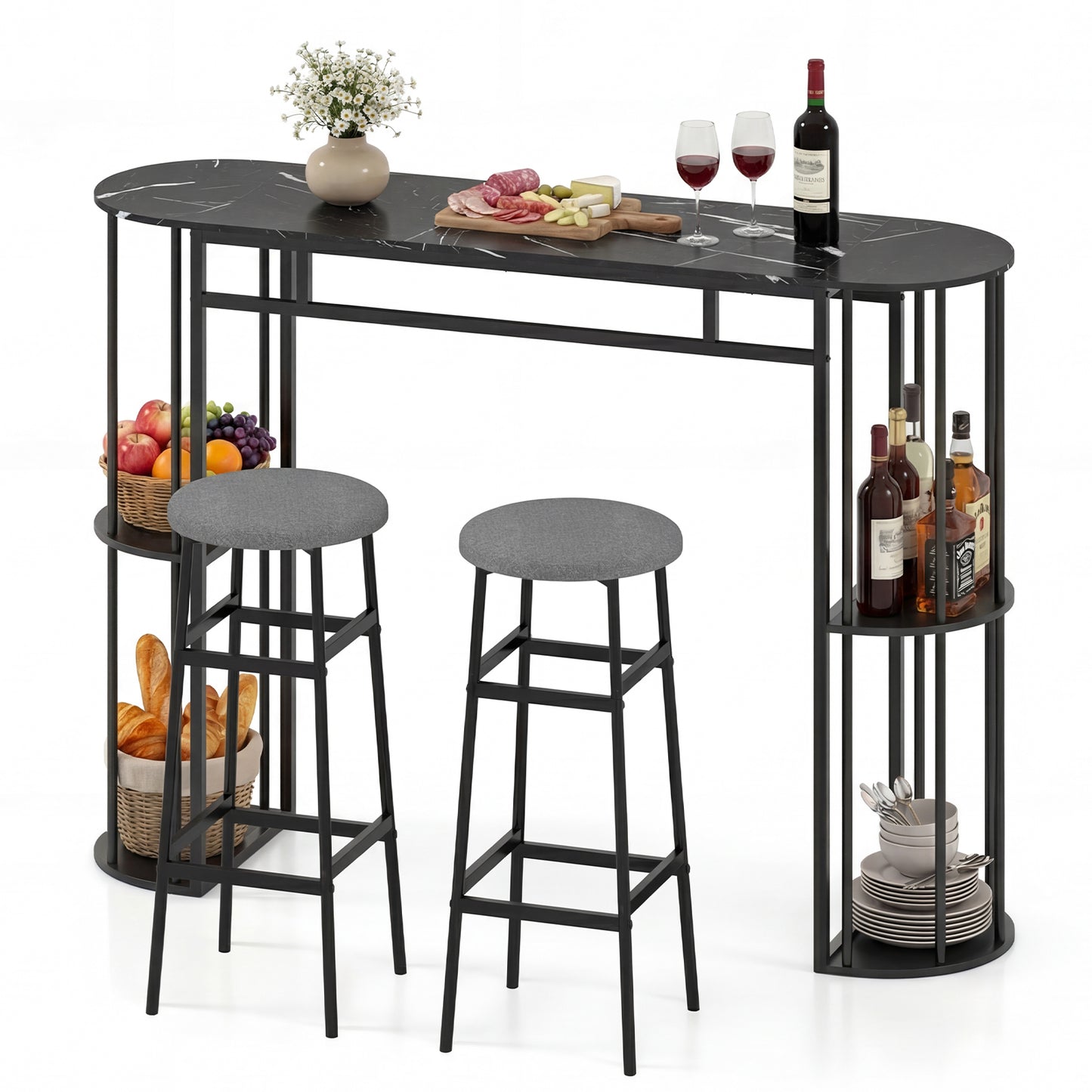 60 Inch Dining Table and 2 Upholstered Barstools with Faux Marble Tabletop-Gray
