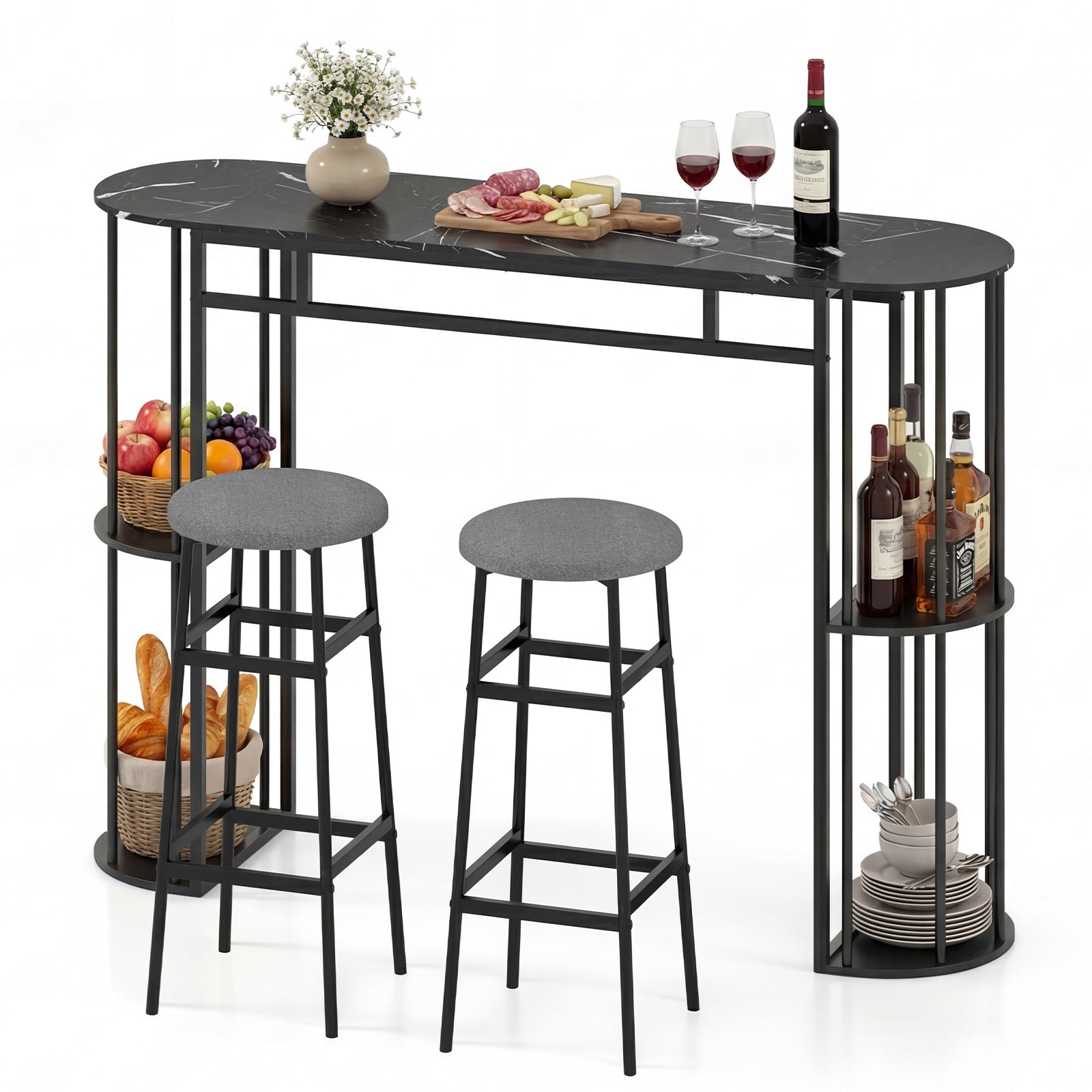 60 Inch Dining Table and 2 Upholstered Barstools with Faux Marble Tabletop-Gray