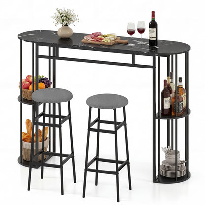 60 Inch Dining Table and 2 Upholstered Barstools with Faux Marble Tabletop-Gray