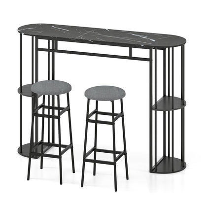 60 Inch Dining Table and 2 Upholstered Barstools with Faux Marble Tabletop-Gray
