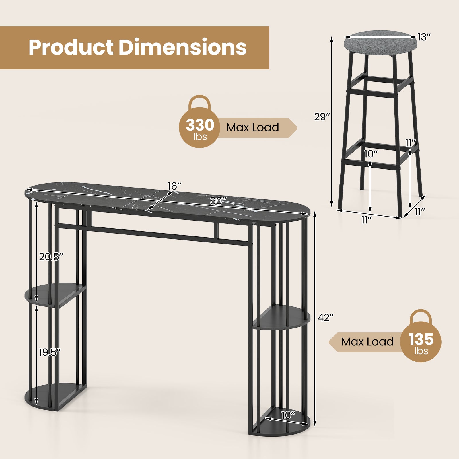 60 Inch Dining Table and 2 Upholstered Barstools with Faux Marble Tabletop-Gray