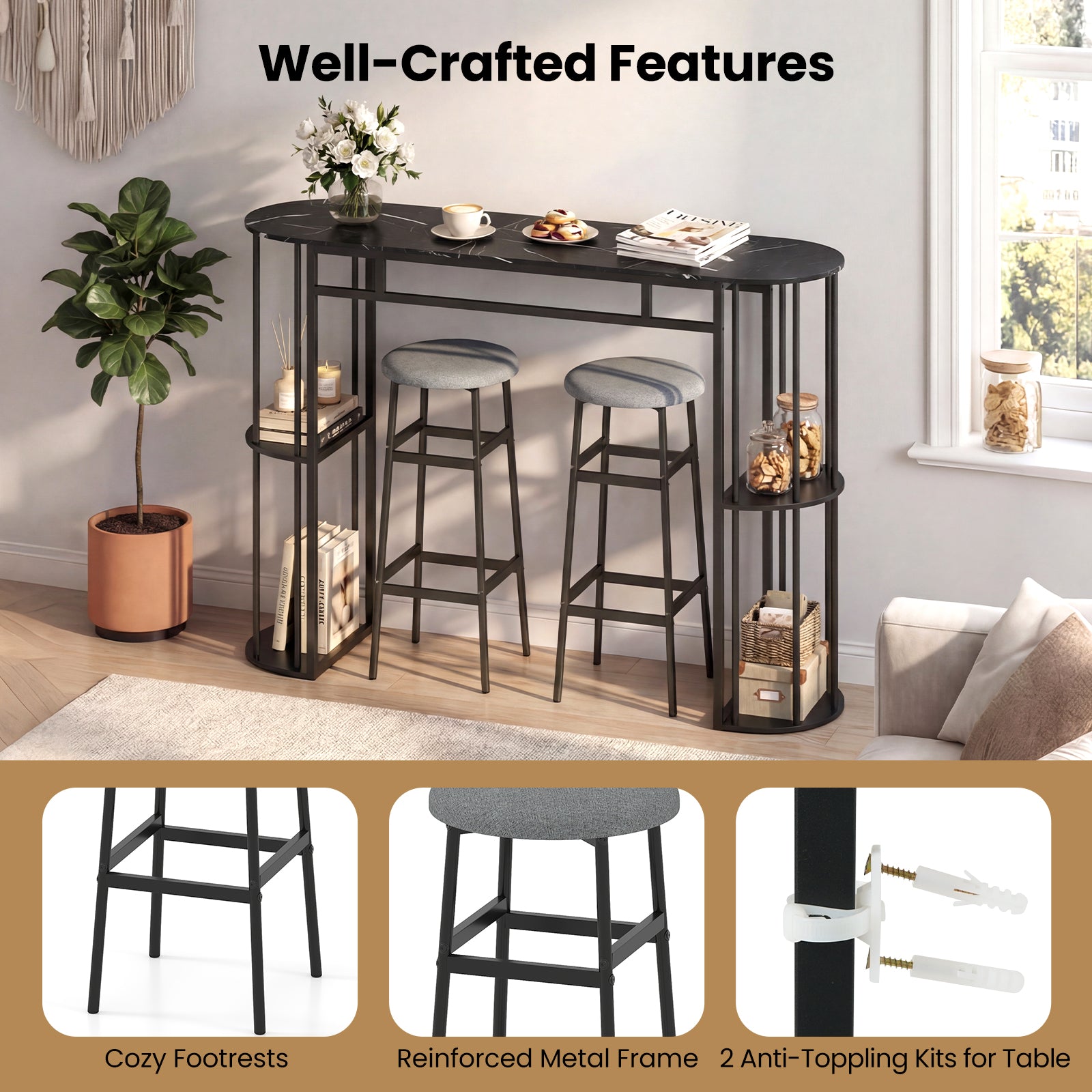 60 Inch Dining Table and 2 Upholstered Barstools with Faux Marble Tabletop-Gray