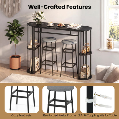 60 Inch Dining Table and 2 Upholstered Barstools with Faux Marble Tabletop-Gray