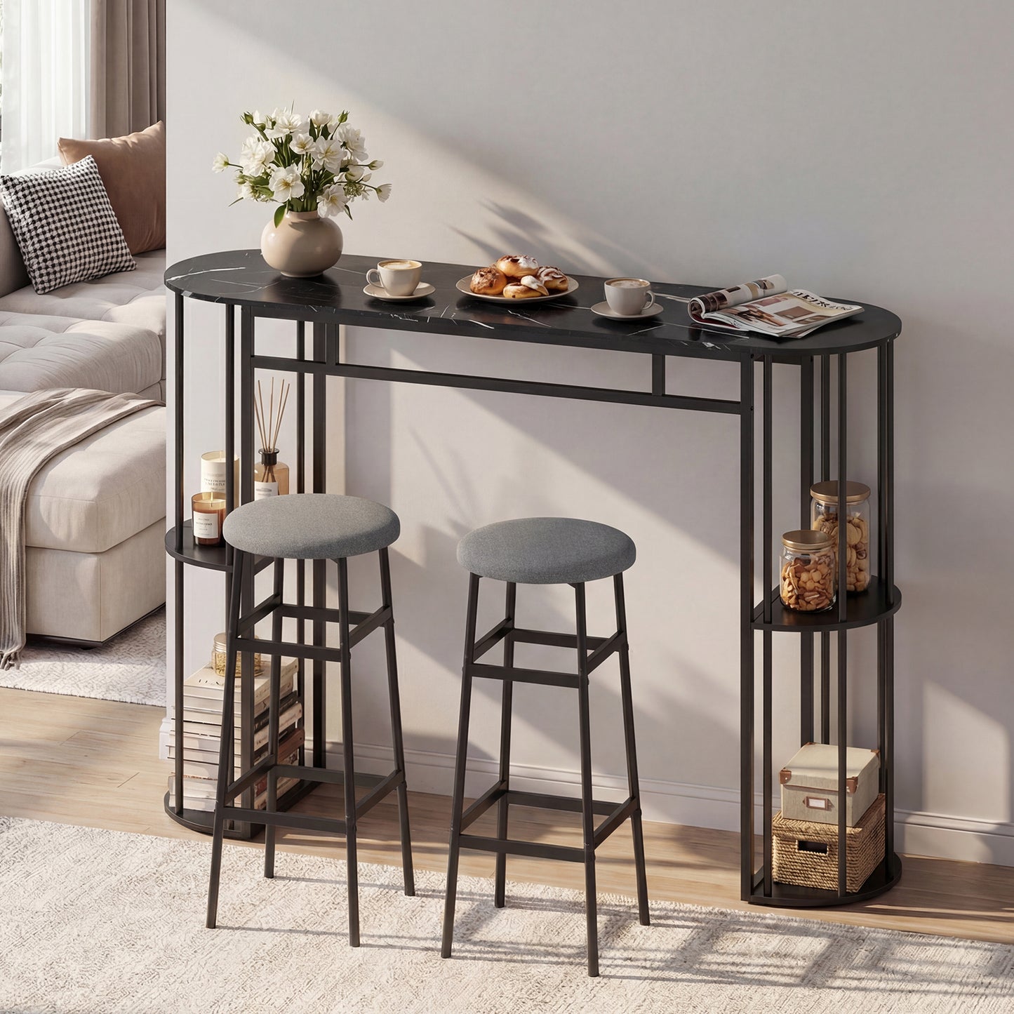 60 Inch Dining Table and 2 Upholstered Barstools with Faux Marble Tabletop-Gray