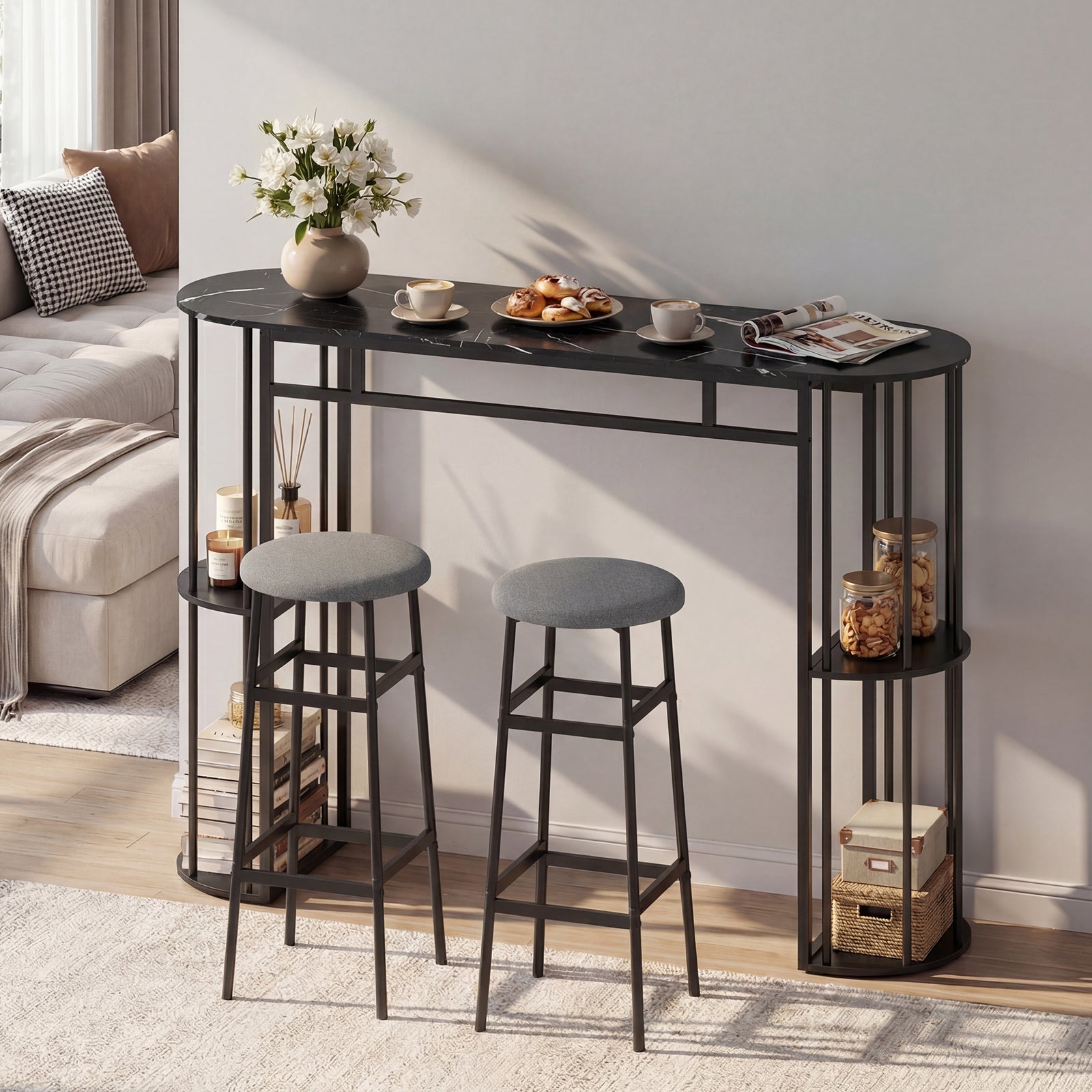 60 Inch Dining Table and 2 Upholstered Barstools with Faux Marble Tabletop-Gray