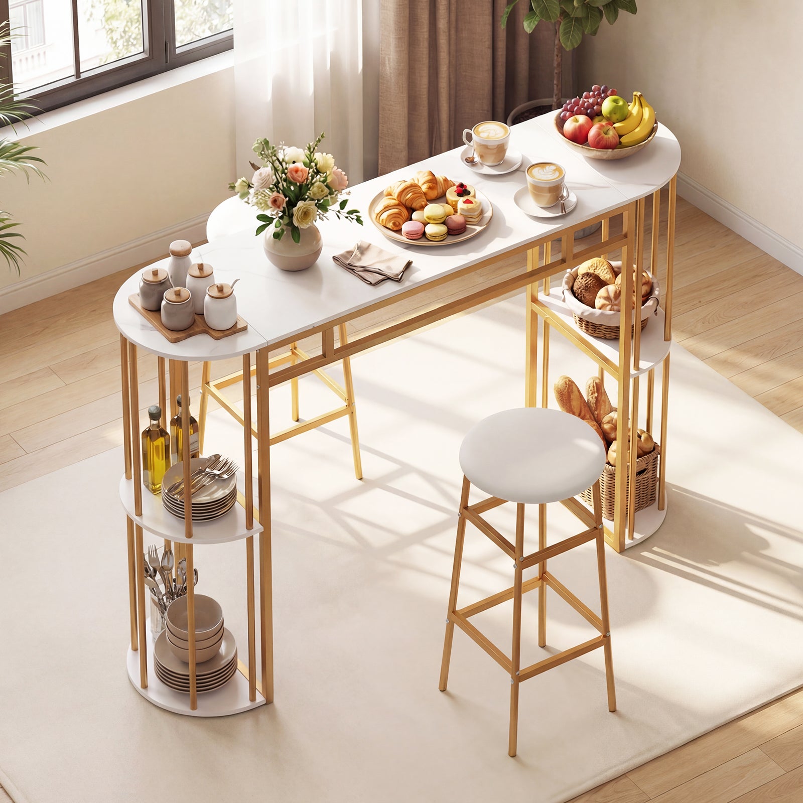 60 Inch Dining Table and 2 Upholstered Barstools with Faux Marble Tabletop-White