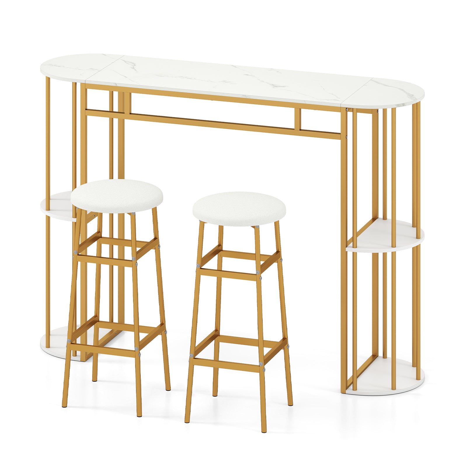 60 Inch Dining Table and 2 Upholstered Barstools with Faux Marble Tabletop-White