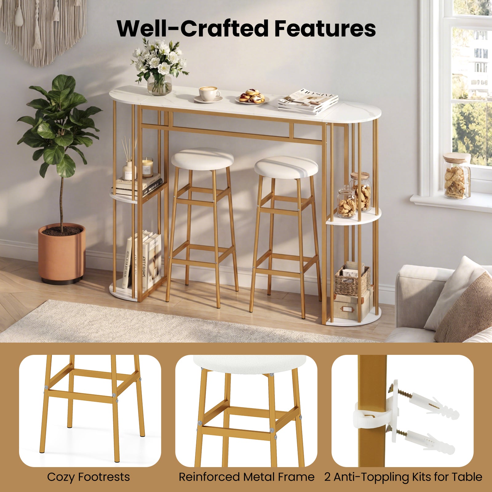 60 Inch Dining Table and 2 Upholstered Barstools with Faux Marble Tabletop-White